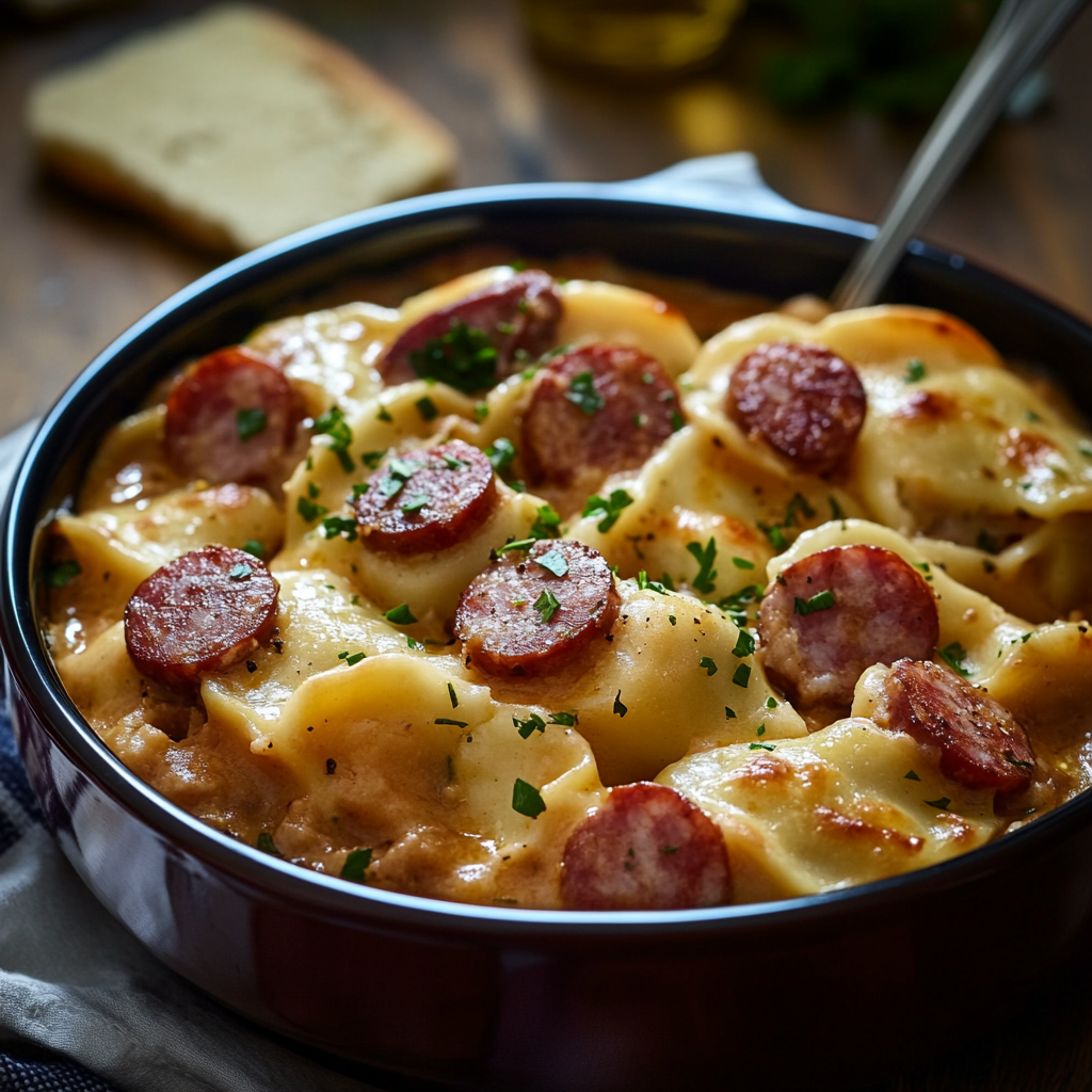 Crockpot Pierogi Casserole with Kielbasa