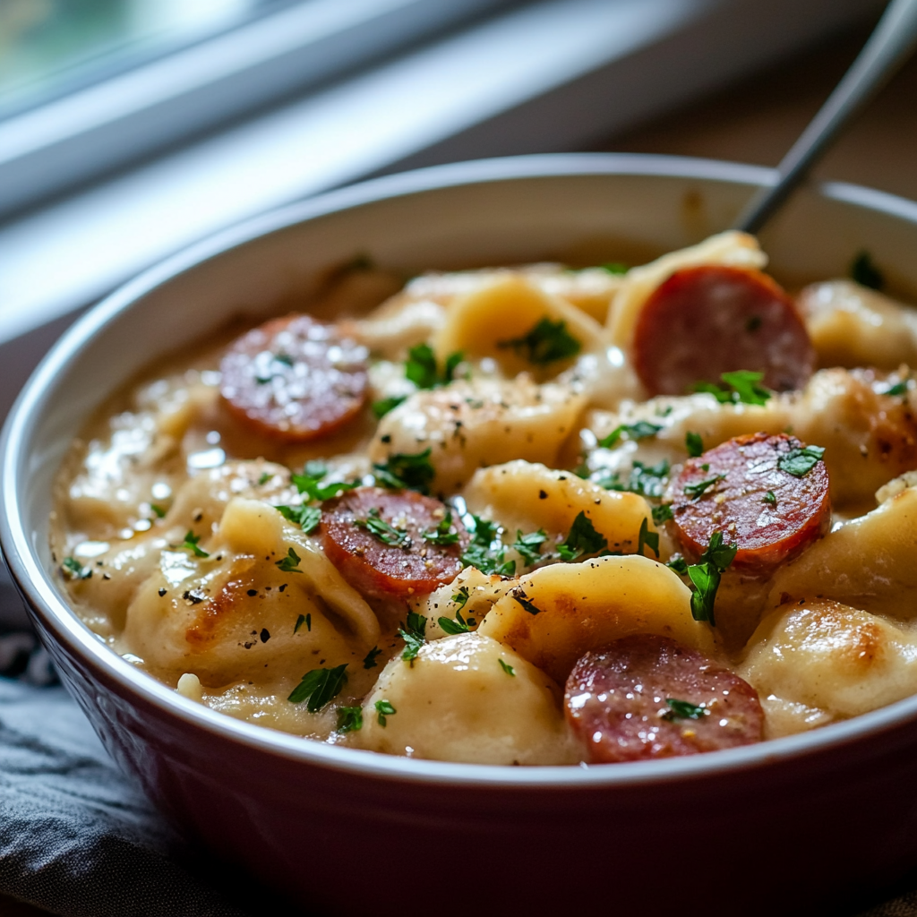 Crockpot Pierogi Casserole with Kielbasa