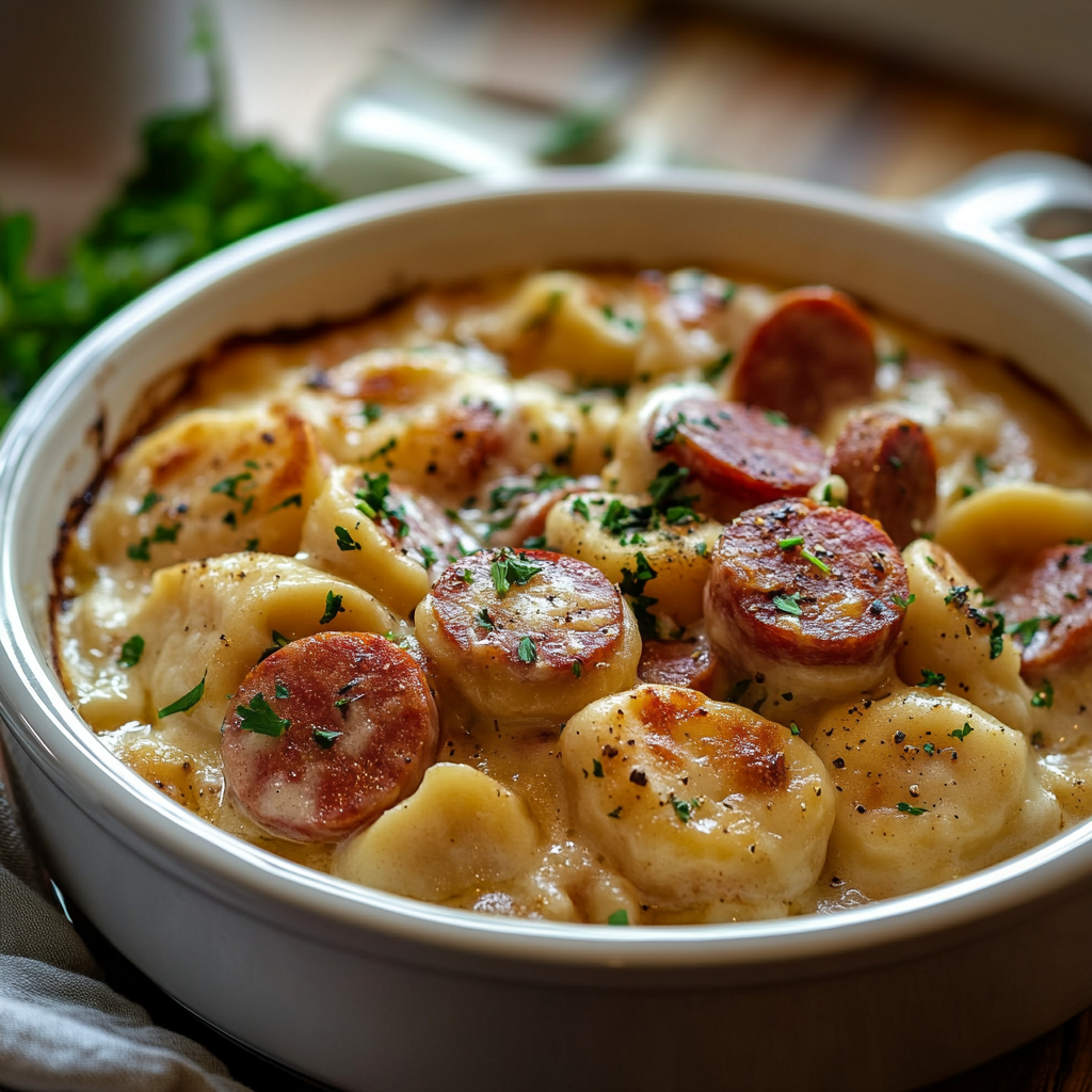 Crockpot Pierogi Casserole with Kielbasa