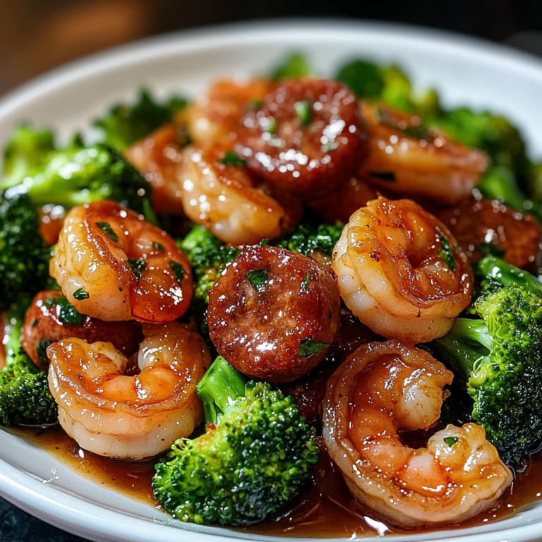 Honey garlic shrimps, sausage and broccoli