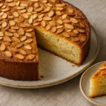 Freshly baked 9-inch round Pear Almond Cake with toasted sliced almonds and a clean plated slice