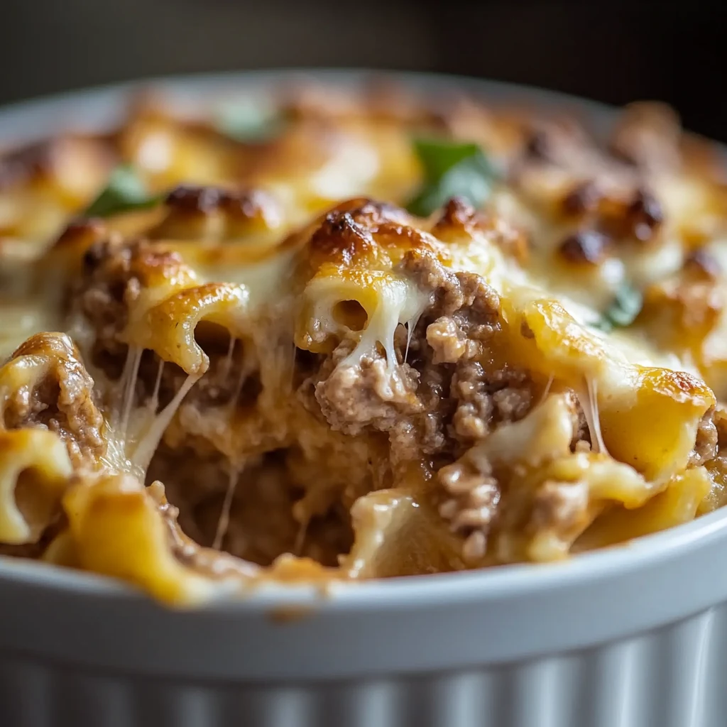 Cheesy and bubbly Amish Country Casserole with ground beef, egg noodles, and melted cheddar in a baking dish