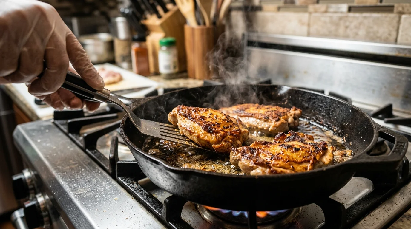 Golden-brown chicken cutlets pan-searing in a hot cast-iron skillet
