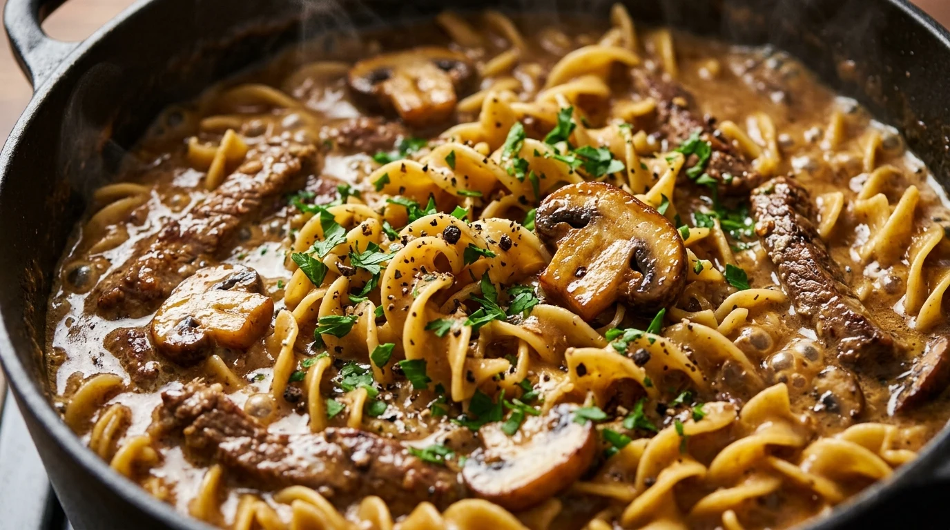 One-Pot Creamy Beef Stroganoff with Egg Noodles