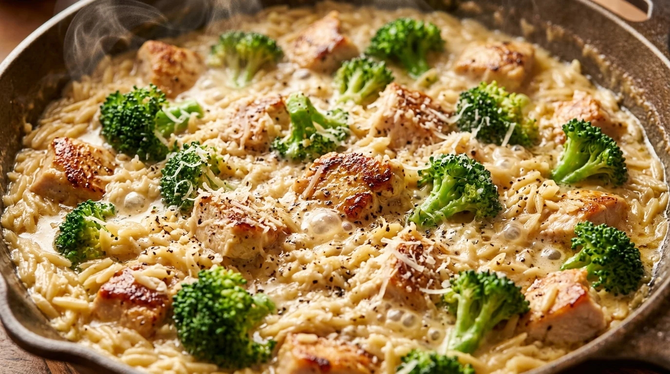 One-Pan Creamy Garlic Parmesan Chicken and Broccoli Orzo