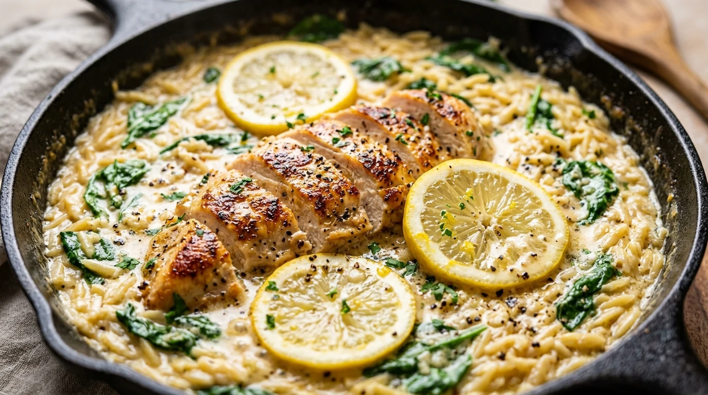 One-Skillet Creamy Lemon Garlic Chicken and Orzo