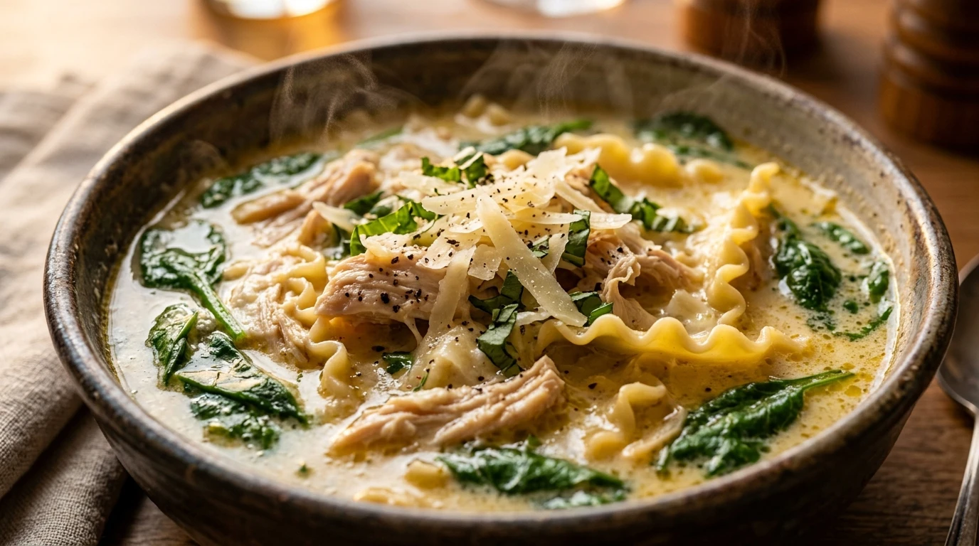 Slow Cooker Creamy White Chicken Lasagna Soup