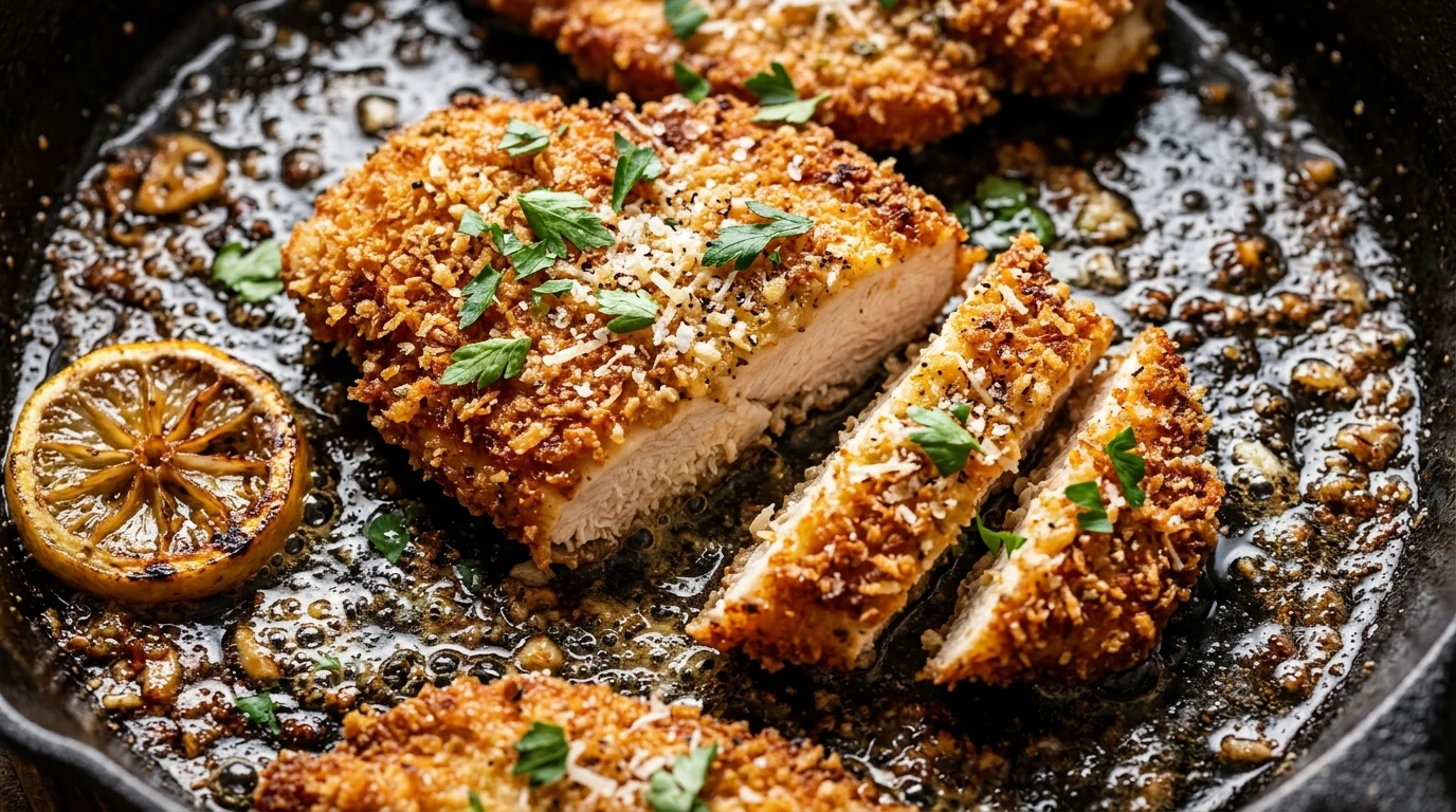 Crispy Garlic Parmesan Chicken Cutlets with Lemon Butter