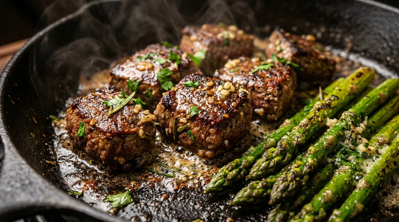 Crispy Garlic Butter Steak Bites with Parmesan Asparagus