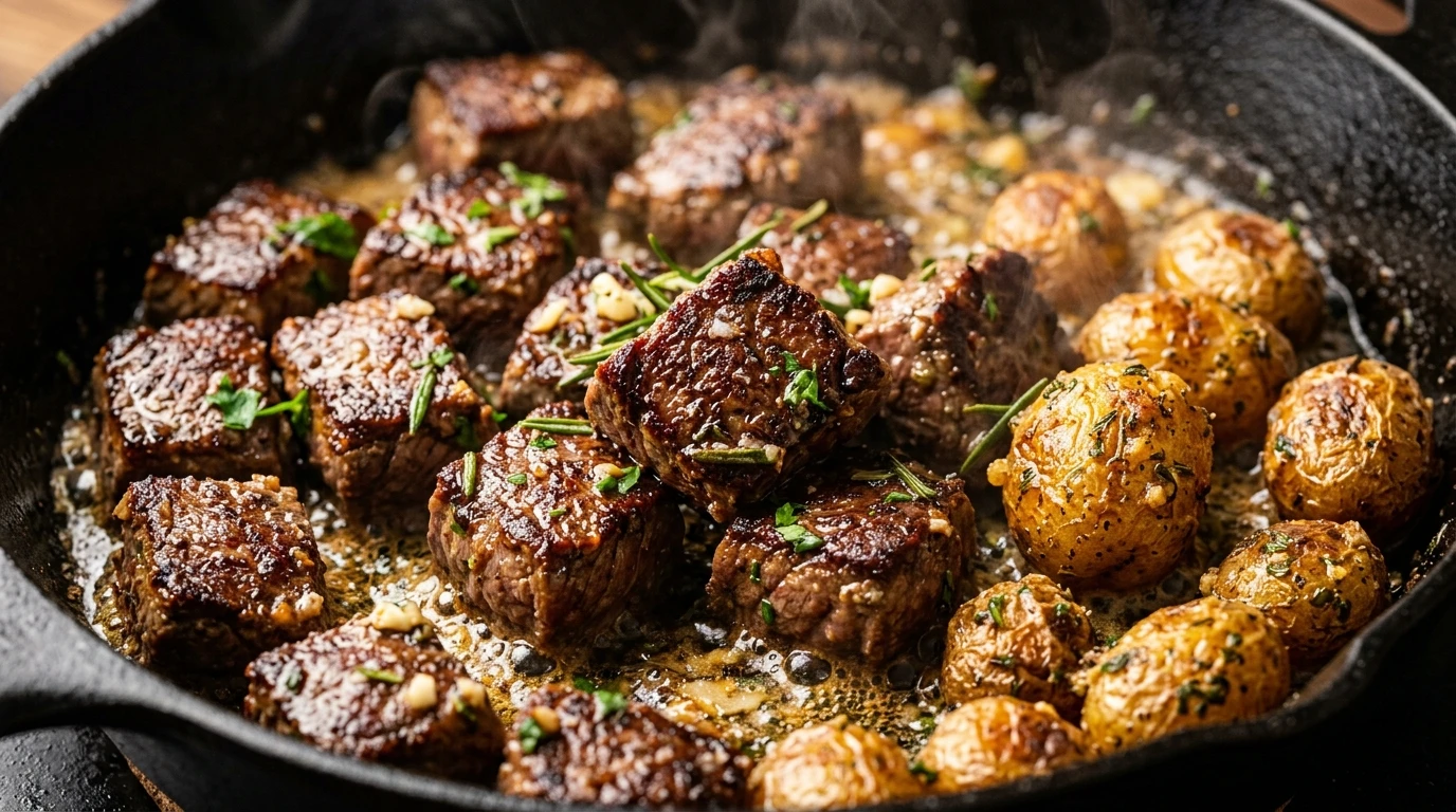 One-Skillet Garlic Butter Steak Bites with Crispy Potatoes